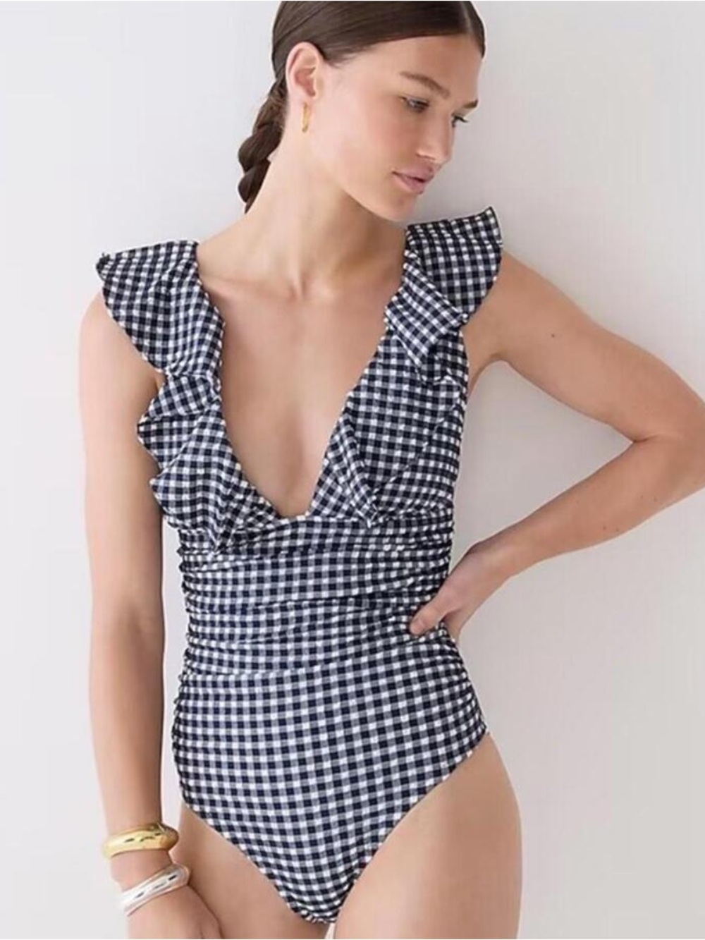 🆕 J. Crew Swimsuit Gingham Plaid Ruffle One Piece Sexy Deep V Neckline Ruched